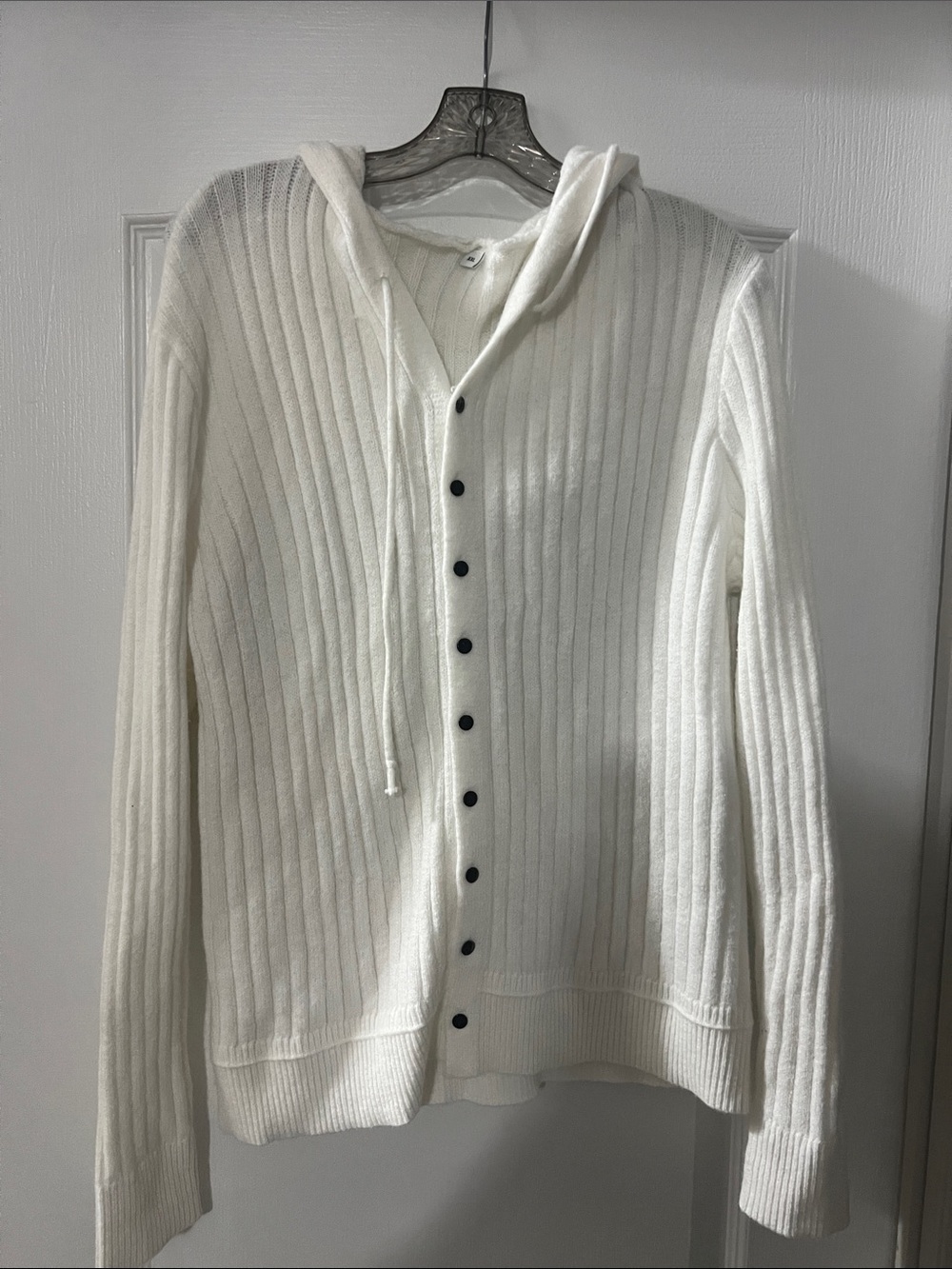 White Ribbed Button-Front Hoodie Sweater